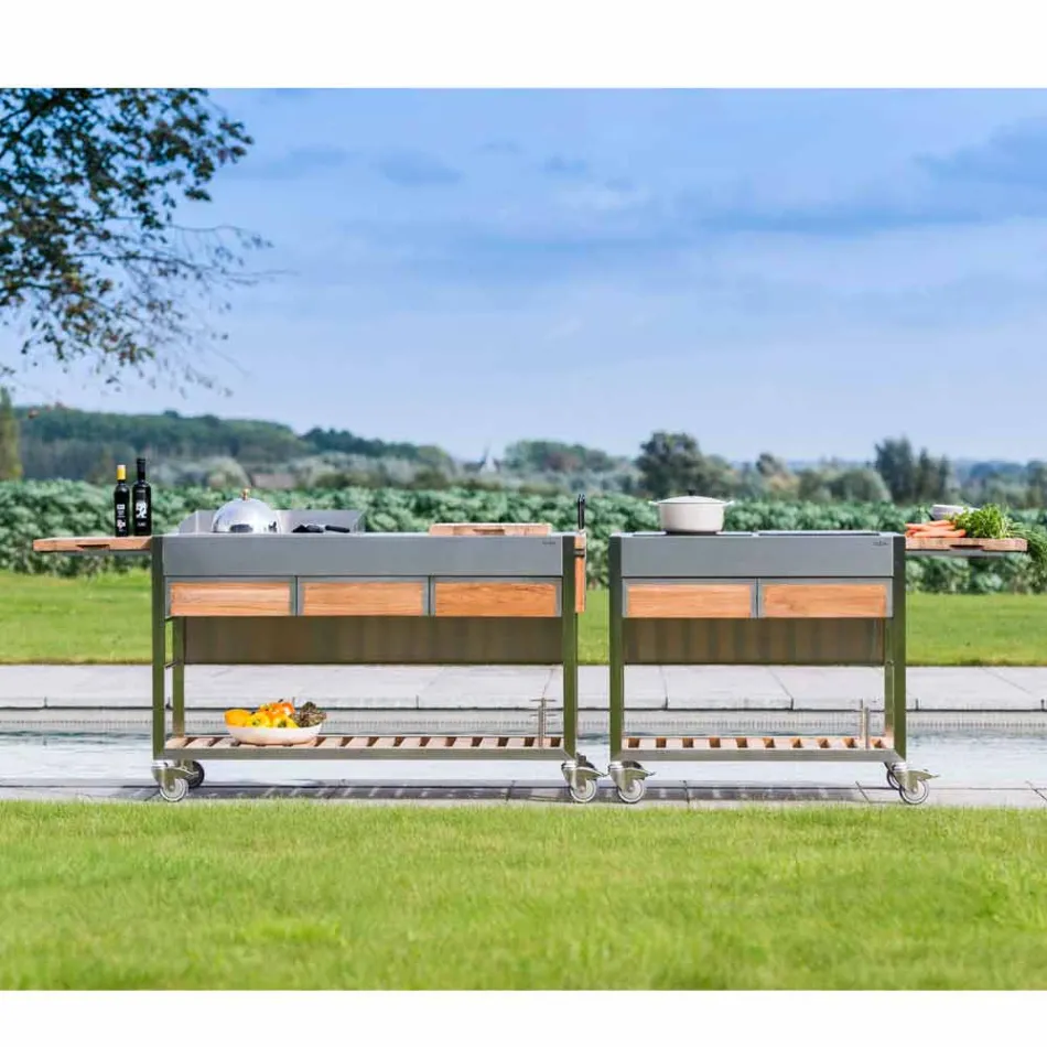 Kuzhina moderne e kopshtit në natyrë në rrota prej druri dhe çeliku - Buoncalliope Viadurini