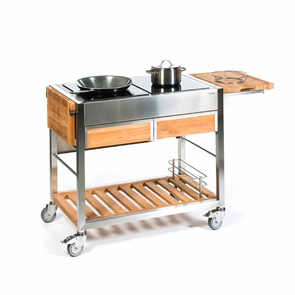 Kuzhina moderne e kopshtit në natyrë në rrota prej druri dhe çeliku - Buoncalliope Viadurini