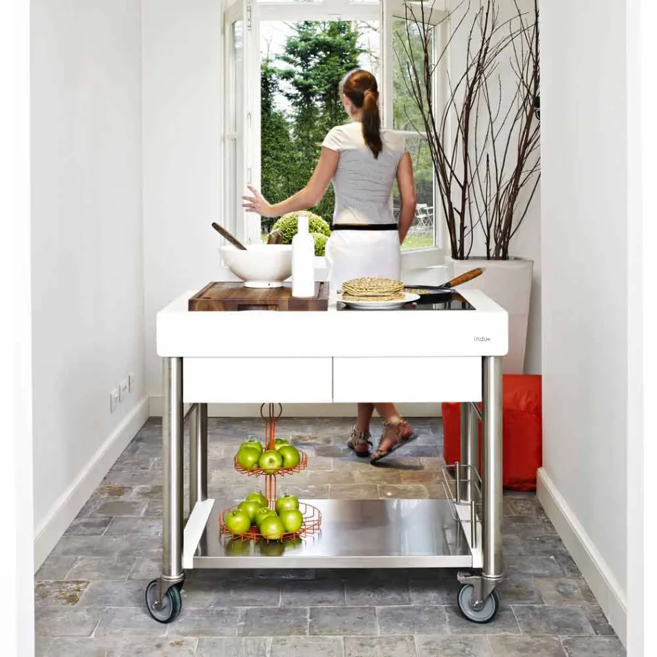 Kuzhina moderne në rrota për kopshtin e jashtëm në dru dhe çelik - Calliope Viadurini