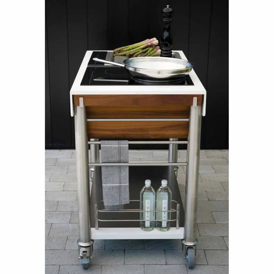 Kuzhina moderne në rrota për kopshtin e jashtëm në dru dhe çelik - Calliope Viadurini