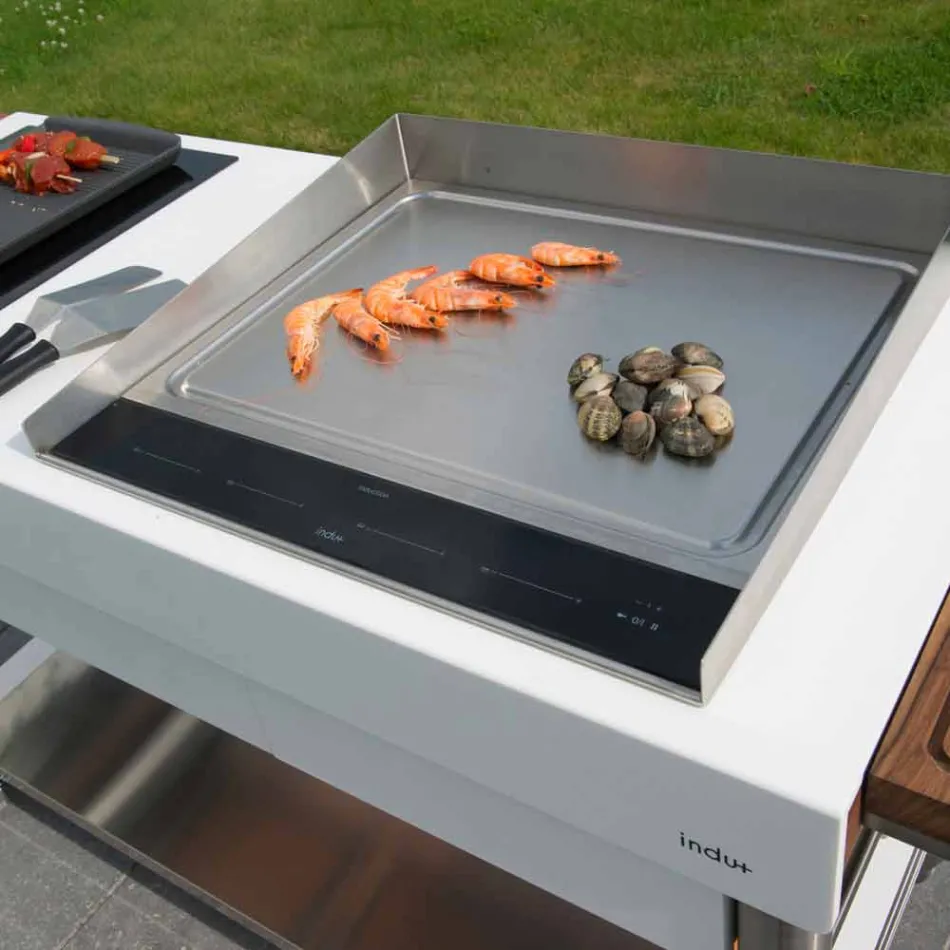 Kuzhina moderne në rrota për kopshtin e jashtëm në dru dhe çelik - Calliope Viadurini