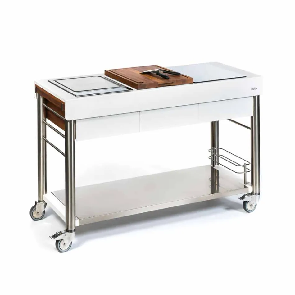 Kuzhina moderne në rrota për kopshtin e jashtëm në dru dhe çelik - Calliope Viadurini