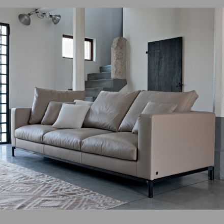 Divan i dhomës së ndenjes 3-vendësh prej lëkure, druri dhe metali Prodhuar në Itali - Bizzarro Viadurini