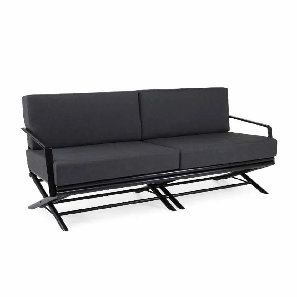 Divan për ambiente të jashtme me 3 ulëse në dru natyral ose pëlhurë të zezë dhe luksoze - Suzana Viadurini