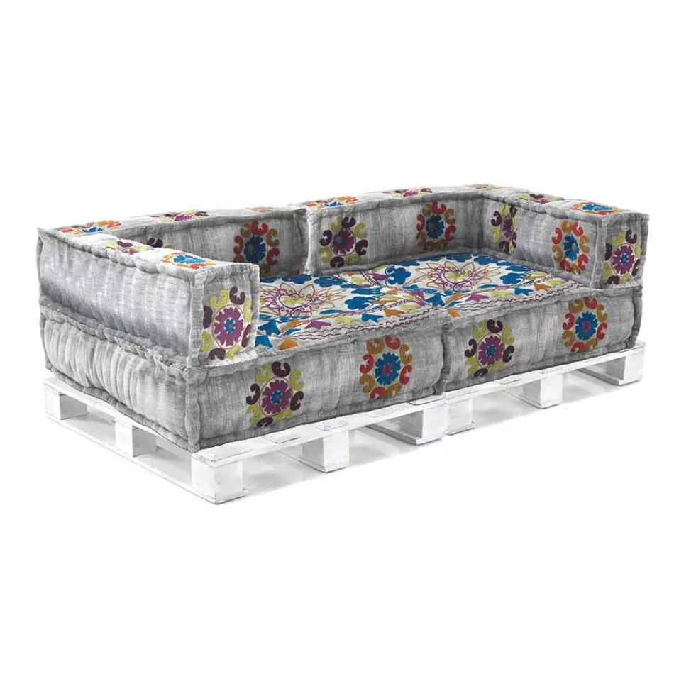 Sofa etnike me dy vendesh të mbushur në pëlhurë lara-lara dhe druri - fibër Viadurini