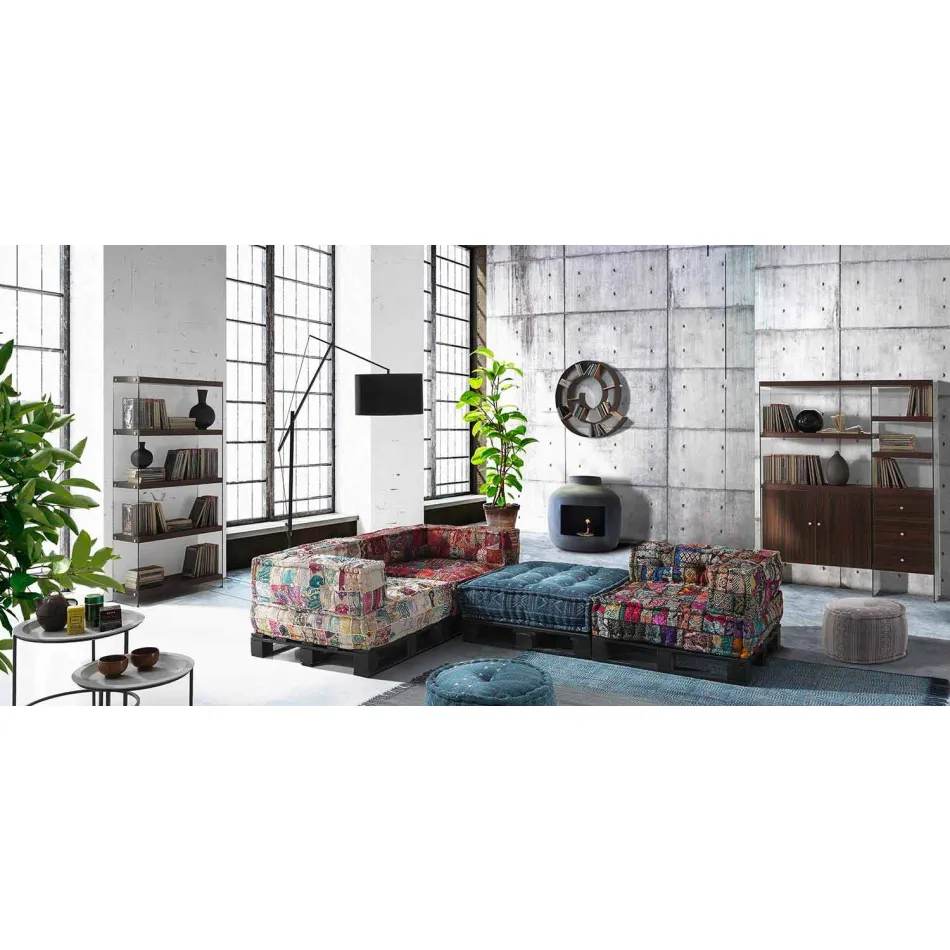 Sofa etnike me dy vendesh të mbushur në pëlhurë lara-lara dhe druri - fibër Viadurini