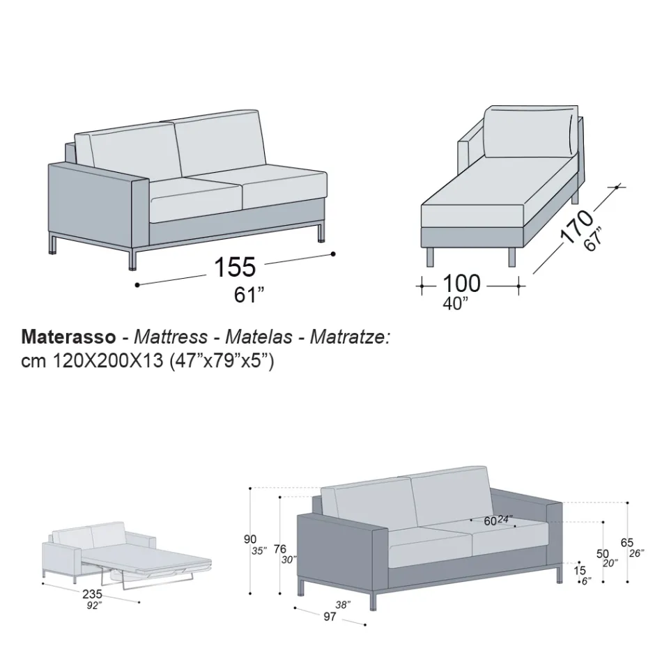 Divan Krevat me Peninsula në Metal dhe Poliuretani Prodhuar në Itali - Folle Viadurini