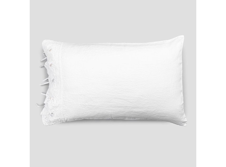 Këllëf jastëku prej liri me dantella të bardhë për shtrat me dizajn luksoz Prodhuar në Itali - Kiss Viadurini