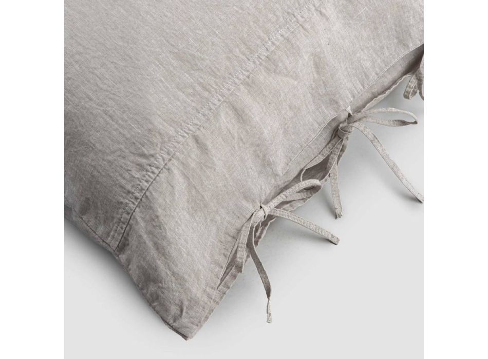 Këllëf jastëku prej liri me shkumës ose retro të lehtë me lidhëse me dizajn katror - Prisco Viadurini
