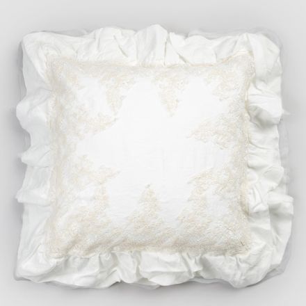 Këllëf jastëku katror me liri të bardhë me dantella dekorative në skajet dhe ruffles - Priscilla Viadurini