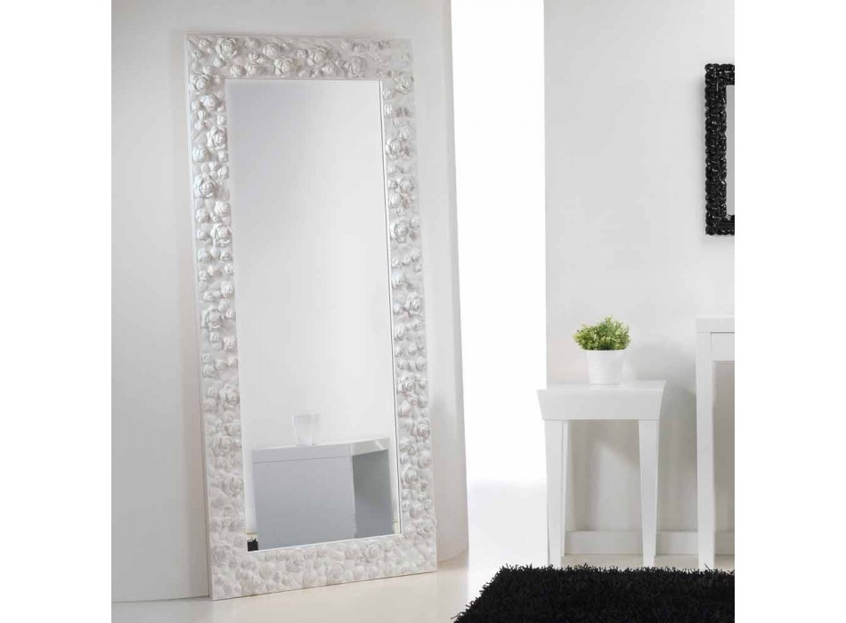 Pasqyrë e madhe e bardhë dyshemeje/muri me kornizë druri Flower Viadurini
