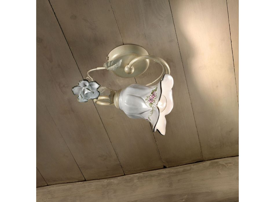 Llamba tavani ne metal dhe qeramike me trëndafil te lyer me dore - Pisa Viadurini