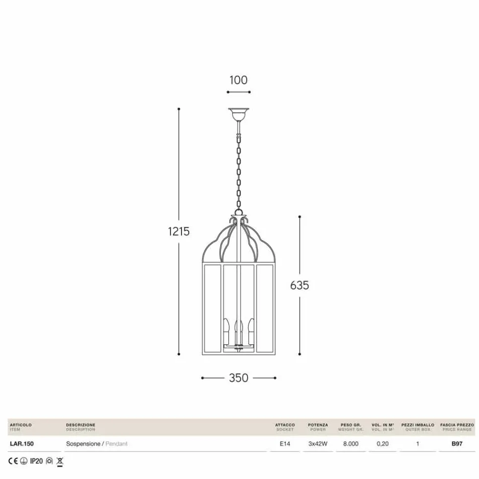 Llambë varëse me 3 drita bronzi dhe Turandot qelqi Viadurini