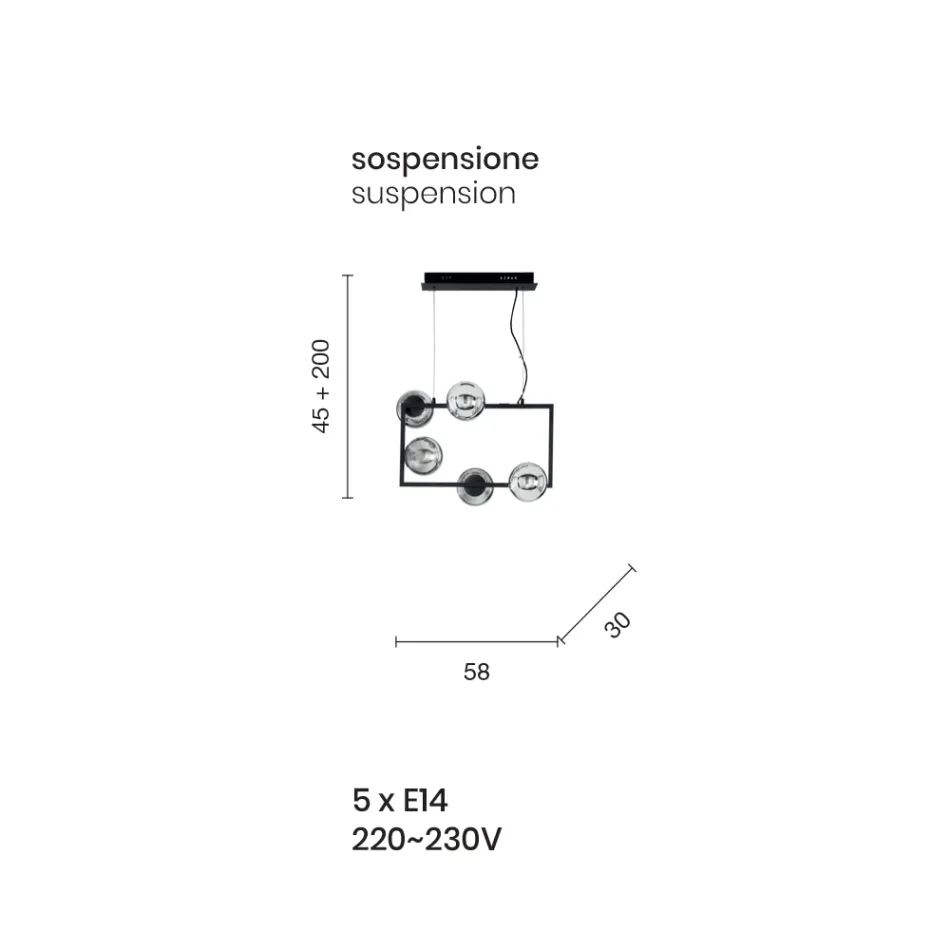 Llambë pezullimi me 5 drita në metal dhe xham modern të fryrë - Birga Viadurini