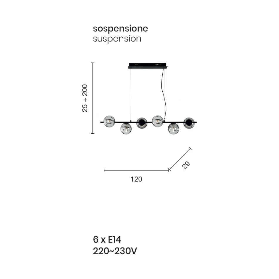 Llambë pezullimi me 6 drita në metal dhe xham modern të fryrë - Birga Viadurini