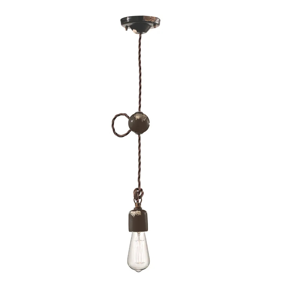 Llamba Pezulluese Industriale Artizanale ne Hekur dhe Qeramike - Vintage Viadurini