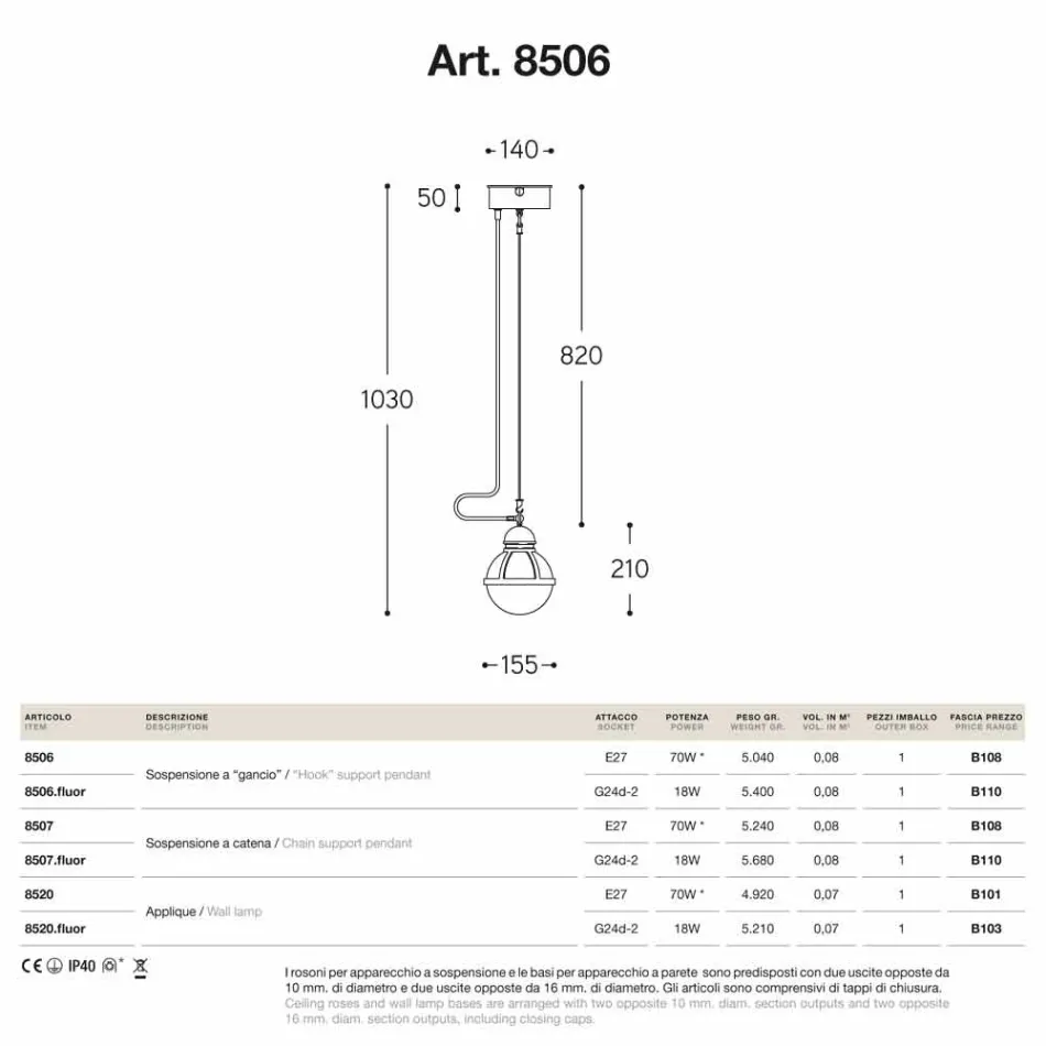Llambë varëse bronzi hidroizolues dhe qelqi i bardhë Viadurini