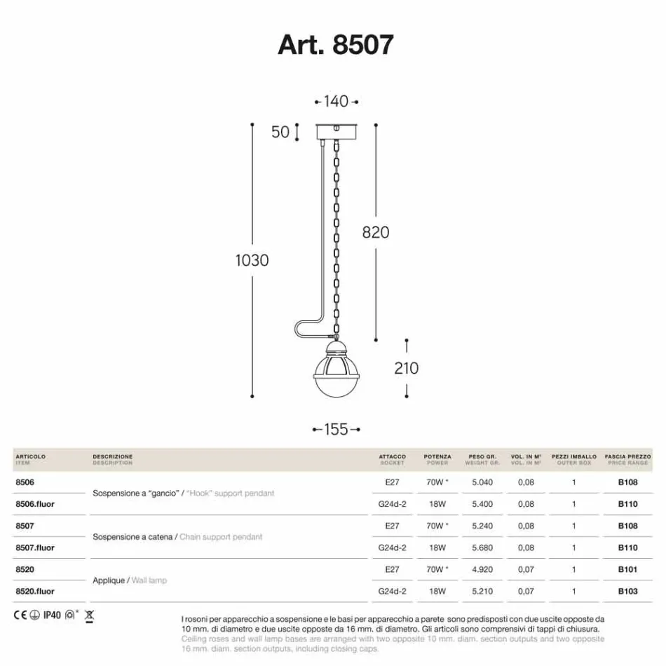 Llambë varëse bronzi hidroizolues dhe qelqi i bardhë Viadurini