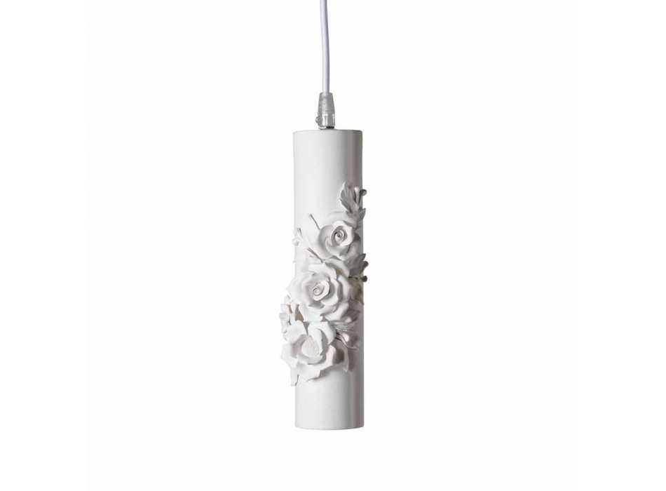 Llambë pezullimi në qeramike të bardhë mat me lule dekorative - Revolucioni Viadurini