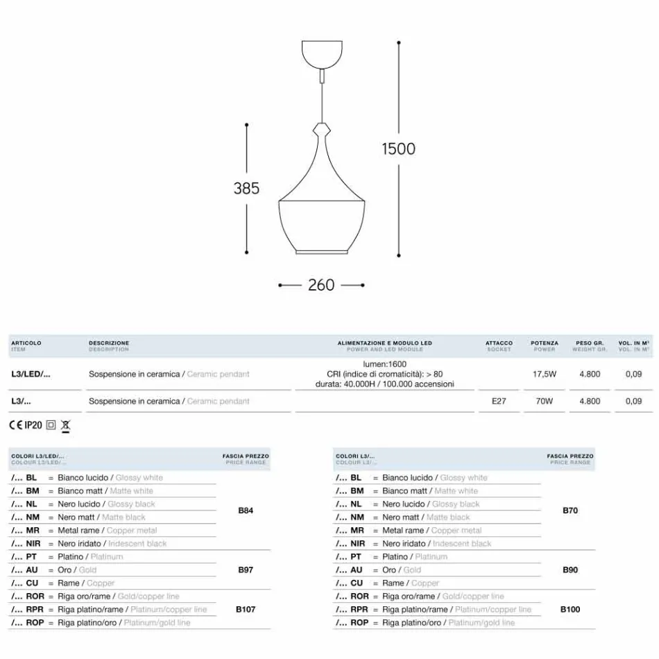 Llamba varëse Qeramike Glaze 3 Aldo Bernardi Viadurini