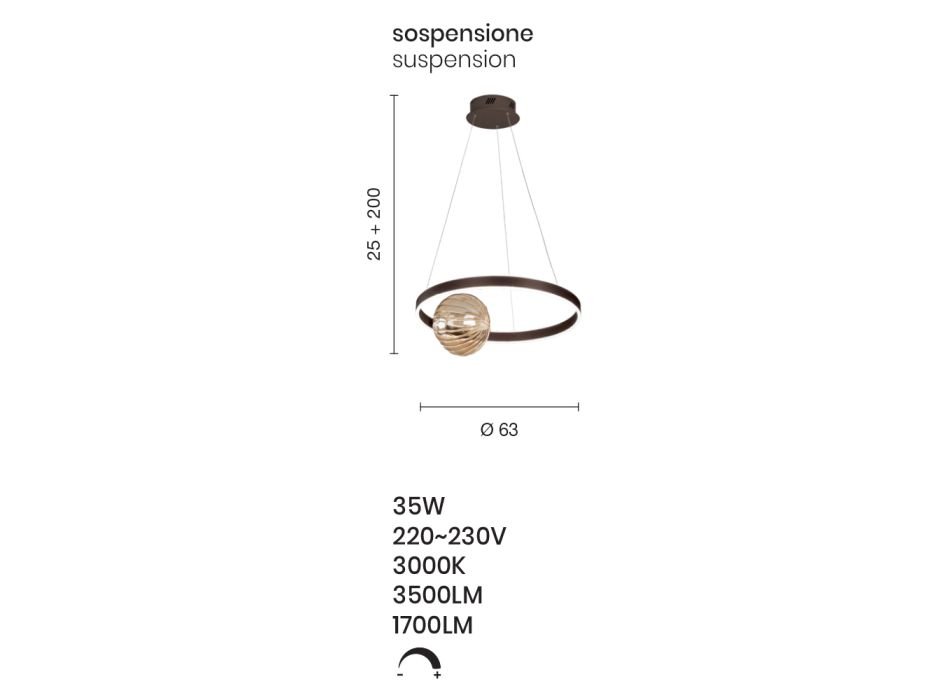 Llambë varëse LED e errësueshme në metal dhe xhami të fryrë - Kakao Viadurini
