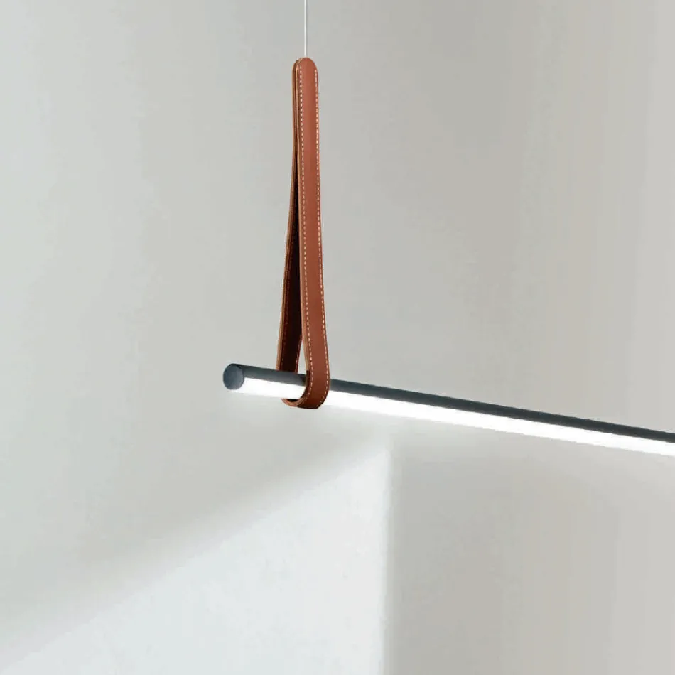 Llambë varëse horizontale në metal dhe detaje në lëkurë artificiale - selvi Viadurini