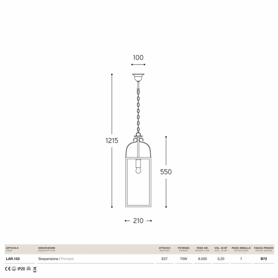Llambë varëse katrore me 1 bronz të lehtë dhe xhami Aida Viadurini