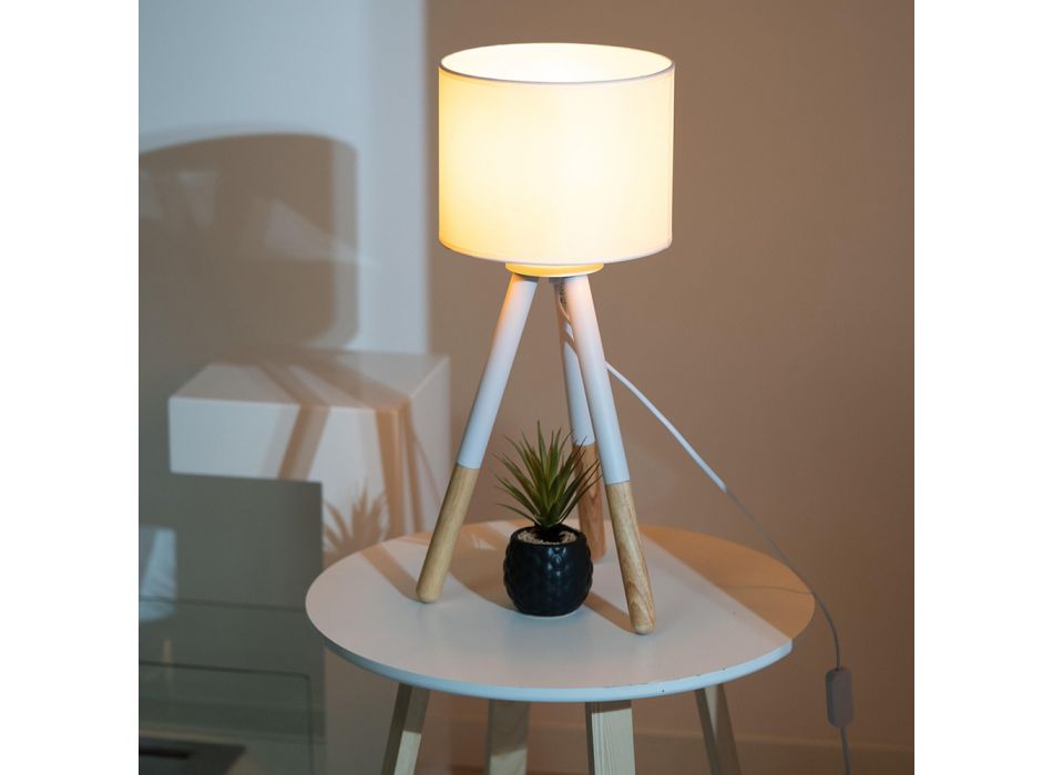 Llamba tavoline ne telajo te bardhe me strukture metalike dhe druri - Fiona Viadurini