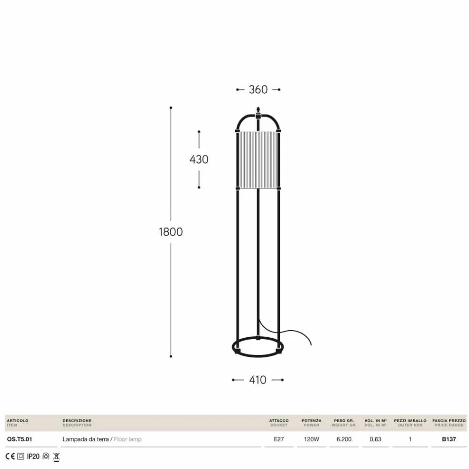 Llambë dyshemeje në bronz dhe pëlhurë Hua Hika Viadurini