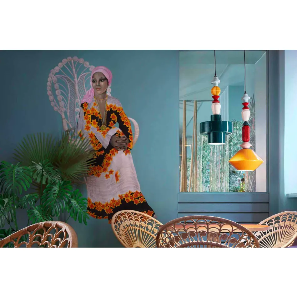 Llambë e verdhë ose e gjelbër retro qeramike e varur e bërë në Itali - Ferroluce Lariat Viadurini