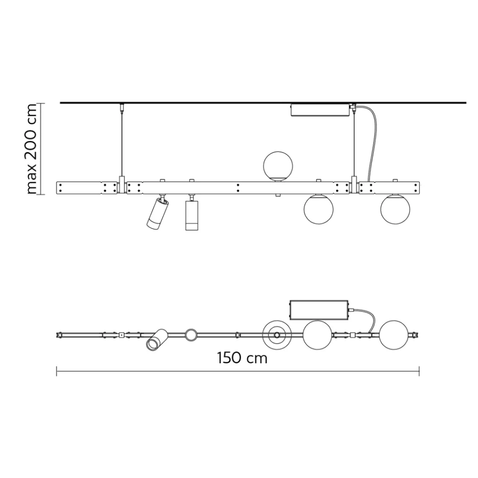 Dizajni i llambës së varur prej alumini të bardhë me sfera qelqi dhe dritat e vëmendjes - Exodus Viadurini