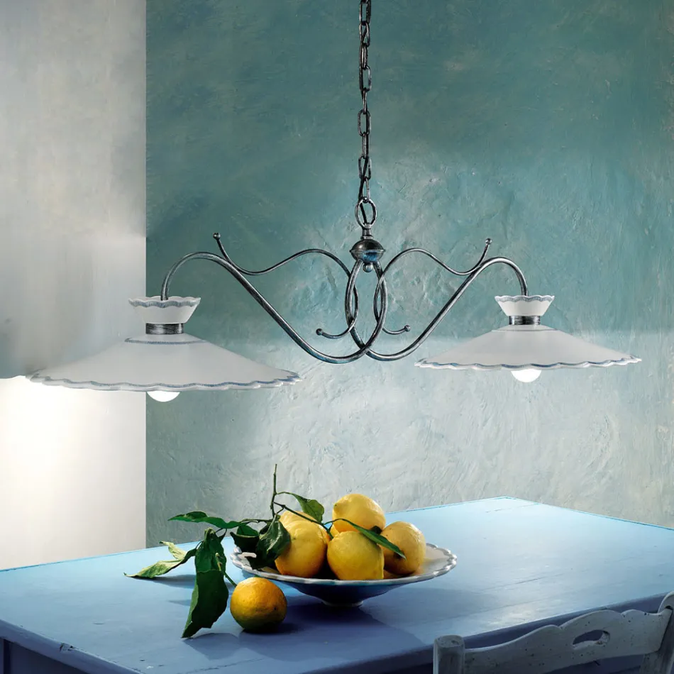 Llambë lineare e varur 2 drita qëndisje qeramike e punuar me dorë - Ravenna Viadurini