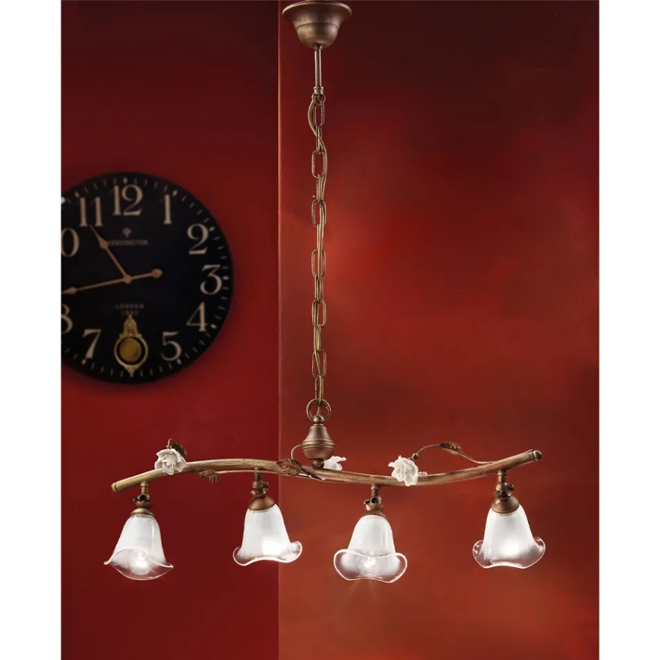 Llamba lineare e varur 4 drita në trëndafila hekuri, qelqi dhe qeramike - Siena Viadurini