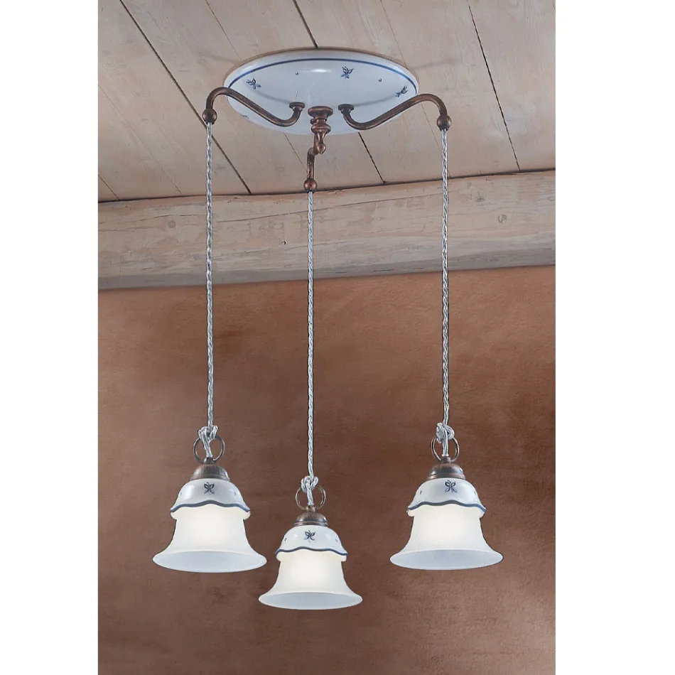 Llambë varëse e rrumbullakët në hekur, xhami, qeramike e lyer me dorë - Ferrara Viadurini