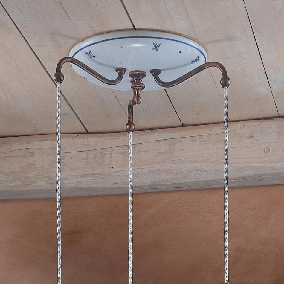 Llambë varëse e rrumbullakët në hekur, xhami, qeramike e lyer me dorë - Ferrara Viadurini