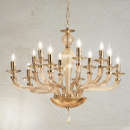 Llambadar klasik 12 dritash në xham Rigaton të punuar me dorë dhe metal ari - Fievole Viadurini