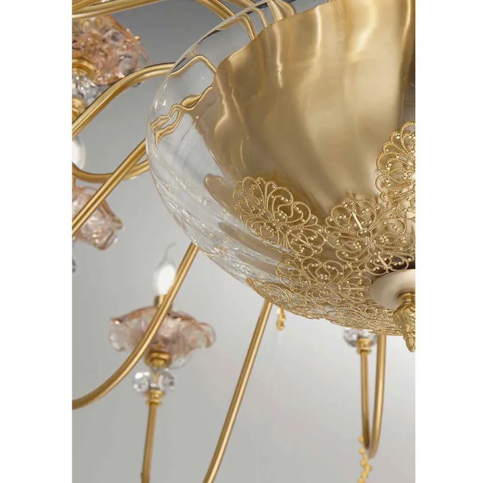 Llambadar klasik 12 dritash në qelq, kristal dhe metal luksoz - Flanders Viadurini