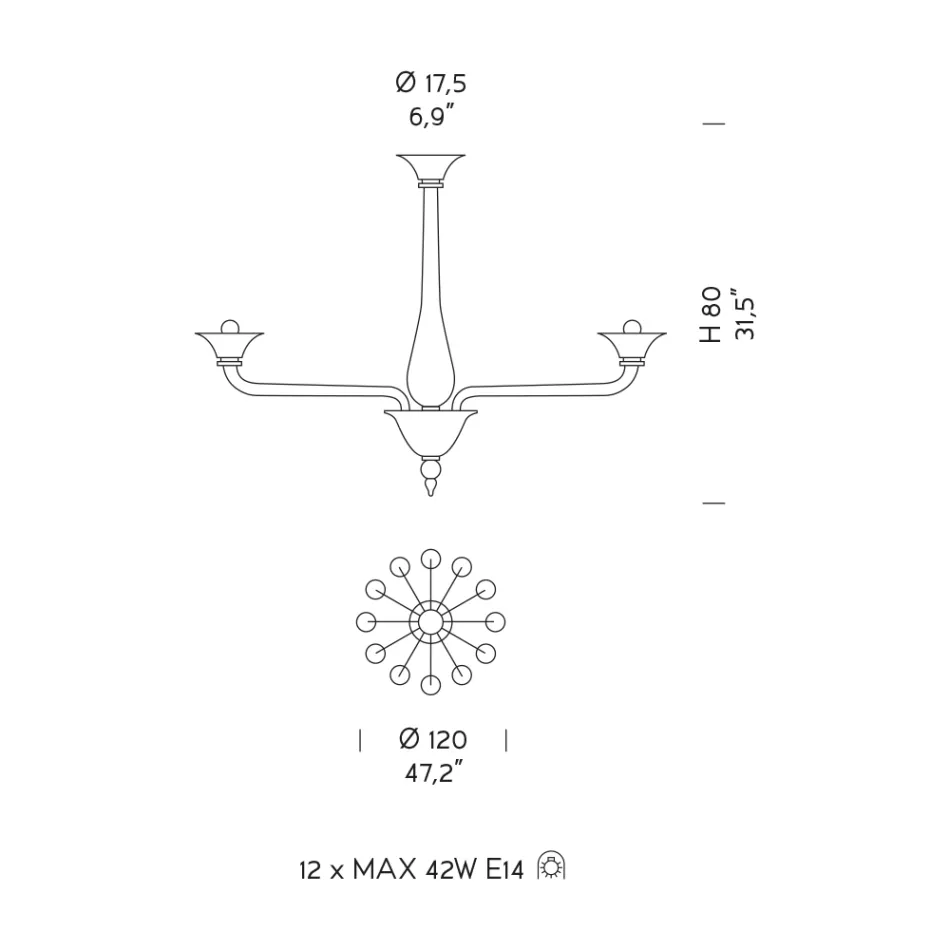 Llambadar 12 Dritash në Xham të Bardhë Venecias dhe Metal të Kromuar - Ismail Viadurini
