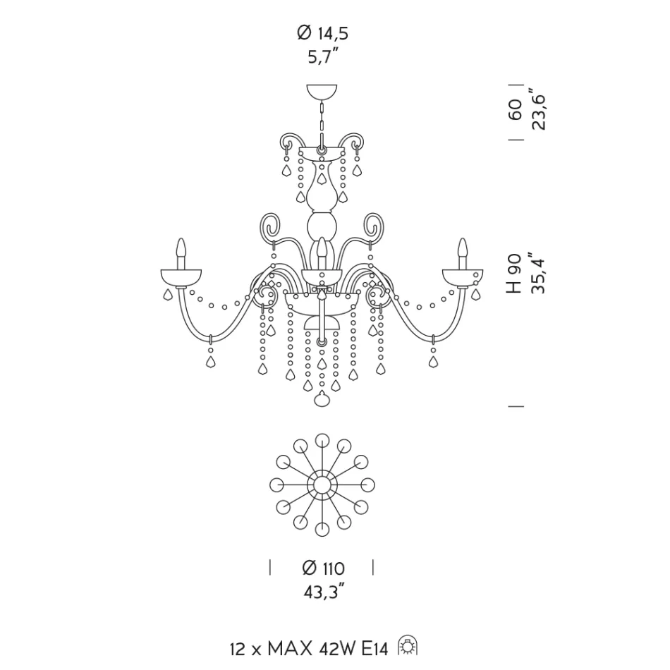 Llambadar me qelq venecian 12 Lights Ametist Prodhuar në Itali - Firentine Viadurini