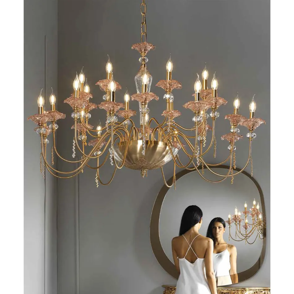 Llambadar klasik 24 dritash në qelq, kristal dhe metal luksoz - Flanders Viadurini