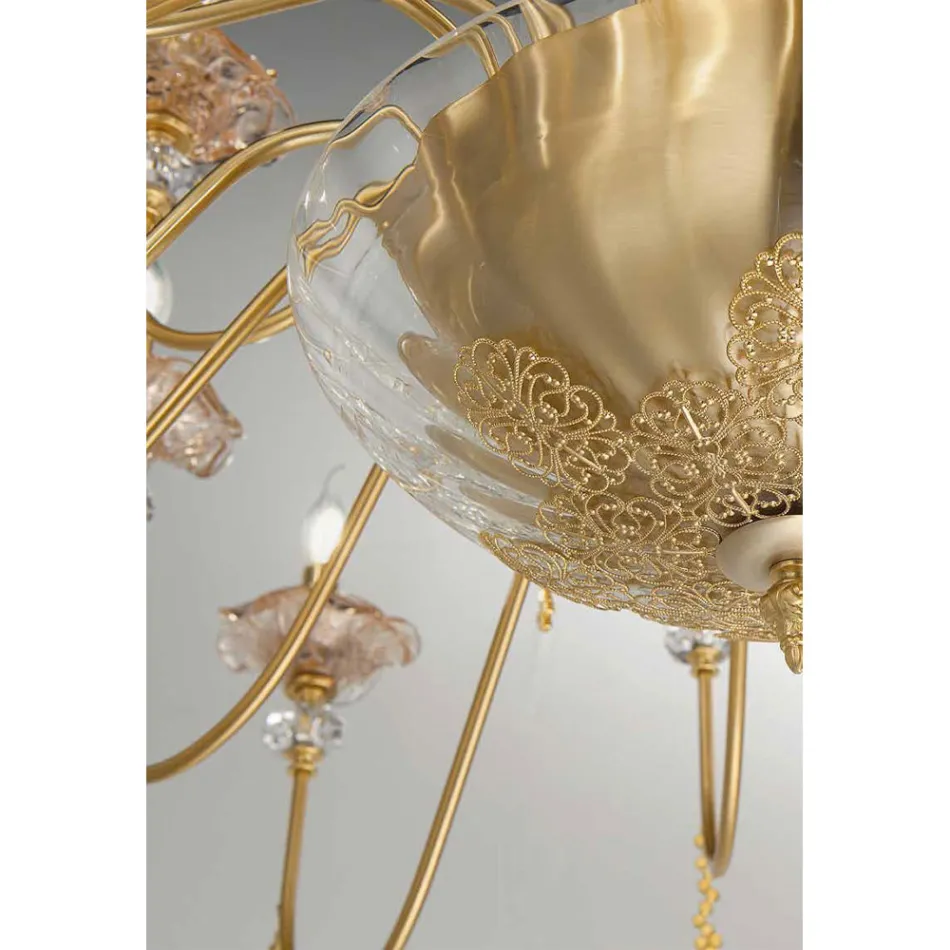 Llambadar klasik 24 dritash në qelq, kristal dhe metal luksoz - Flanders Viadurini