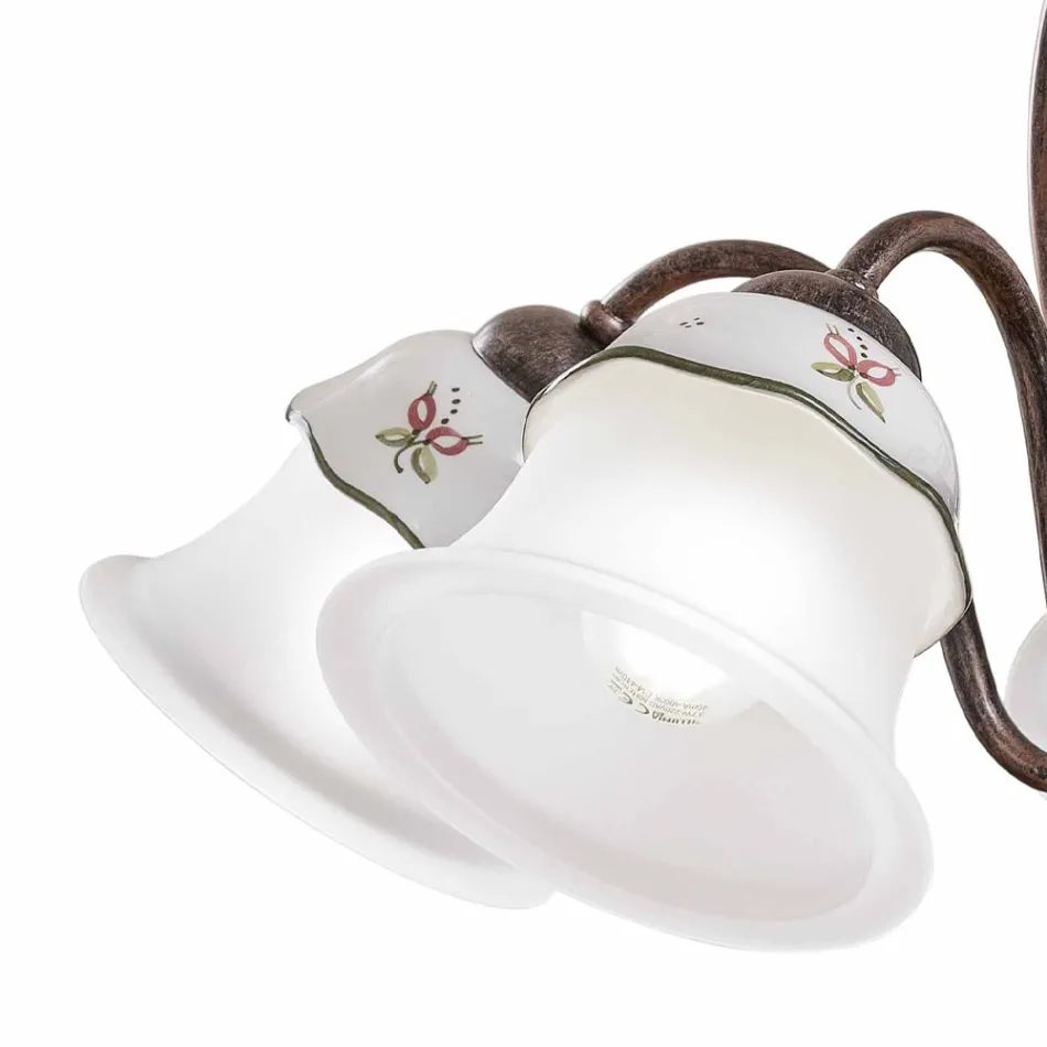 Llambadar me 3 ose 5 drita në hekur, qeramikë të lyer me dorë dhe qelq - Ferrara Viadurini