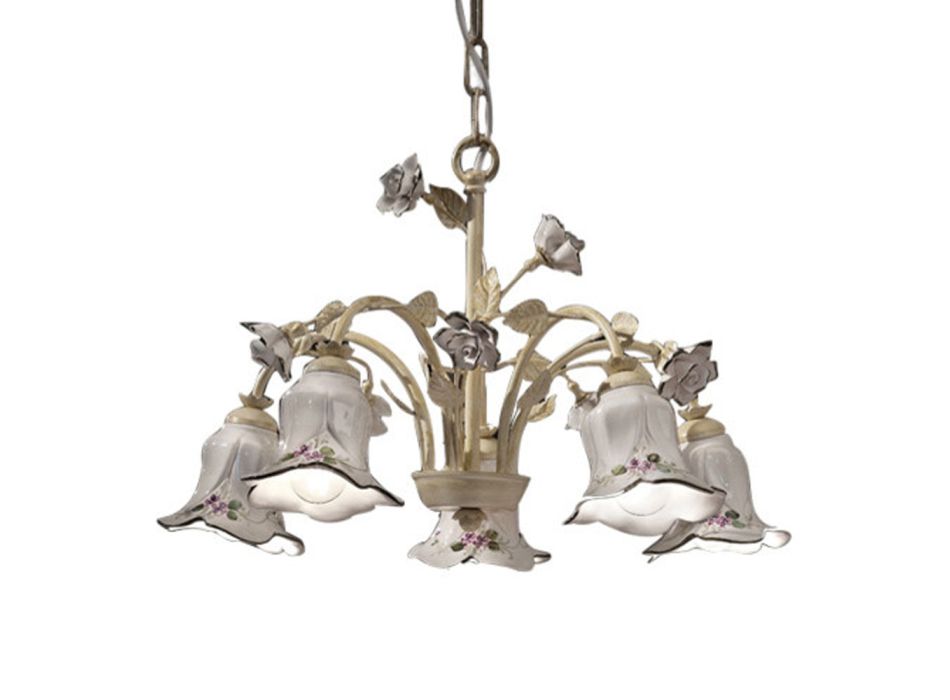Llambadar 5 dritash në metal dhe qeramikë të dekoruar me dorë dhe trëndafila - Piza Viadurini