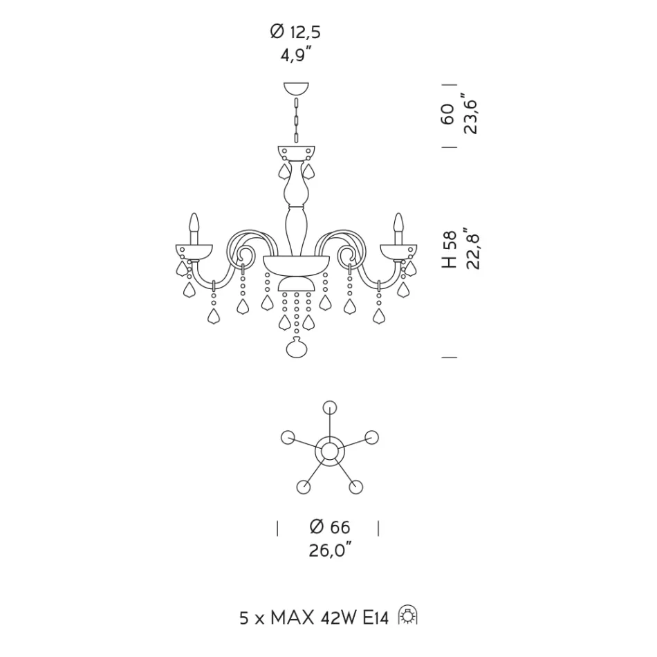 Llambadar 5 dritash në venecian xhami dhe metal klasik - stil fiorentin Viadurini