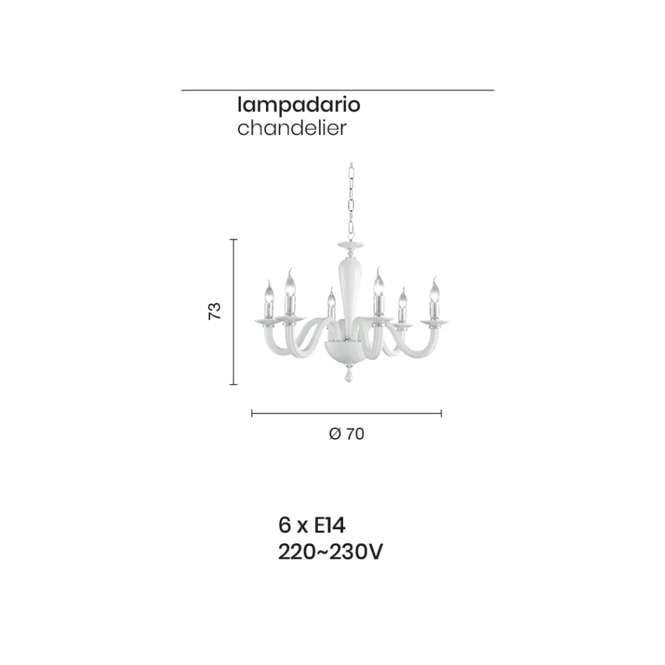 Llambadar klasik 6 dritash në xham transparent italian të punuar me dorë - Rapallo Viadurini