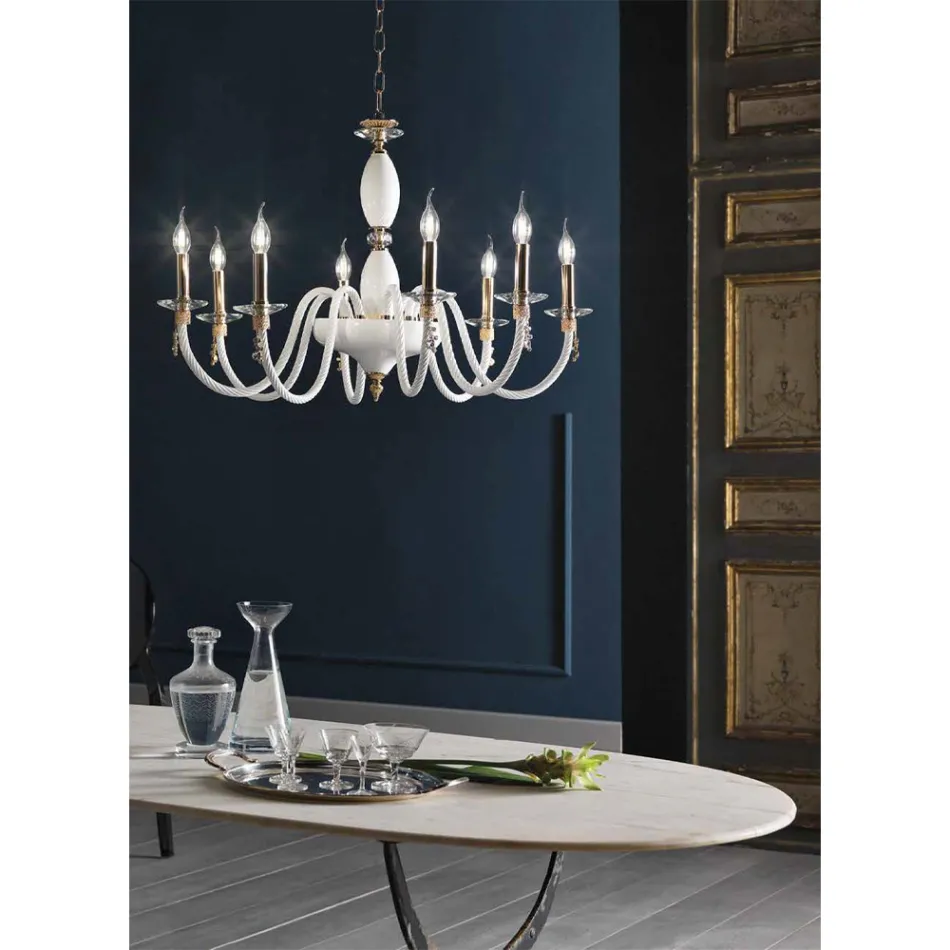 Llambadar klasik me 8 drita në xham të fryrë dhe detaje me dorë - Phaedra Viadurini