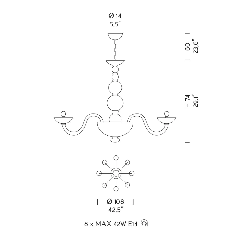 Llambadar 8 dritash në Venecia Xham dhe Metal Prodhuar në Itali - Foscarino Viadurini