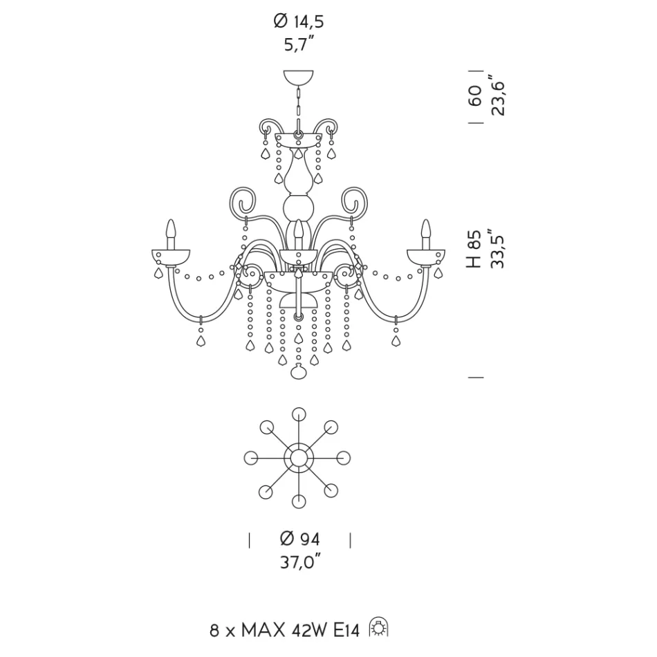 Llambadar 8 dritash në qelq venecian Prodhuar në Itali Classic - Firentine Viadurini