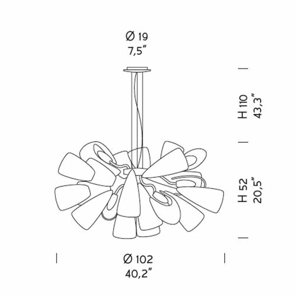 Llambadar artizanal me 21 drita në xham venecian, prodhuar në Itali - Diamonique Viadurini