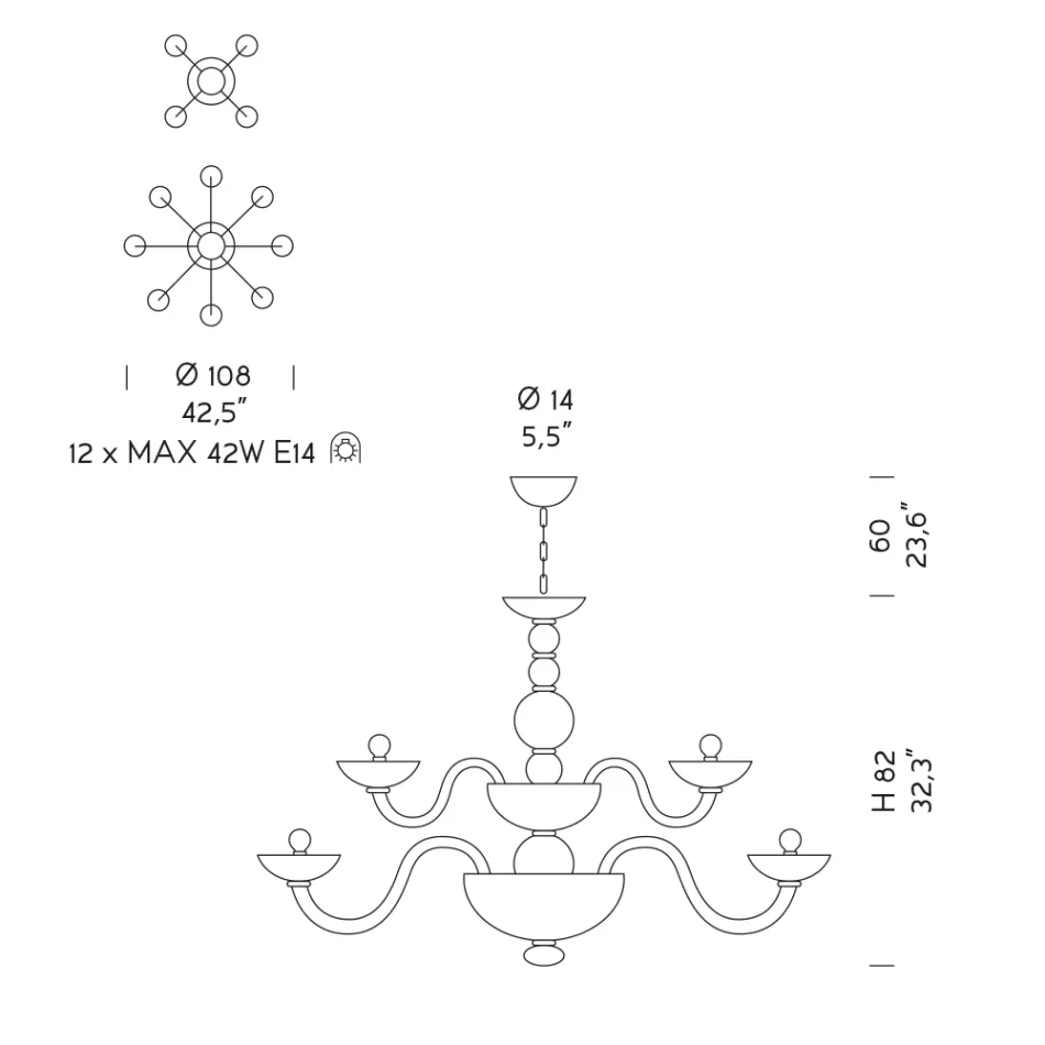 Llambadar klasik 12 drita në qelq venecian Prodhuar në Itali - Foscarino Viadurini